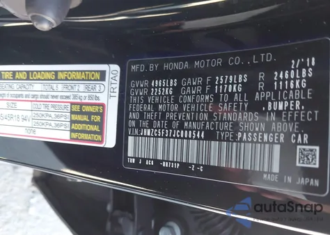 2018 Honda Clarity Plug-In Hybrid Touring z USA, uszkodzony, nr VIN JHMZC5F37JC008544